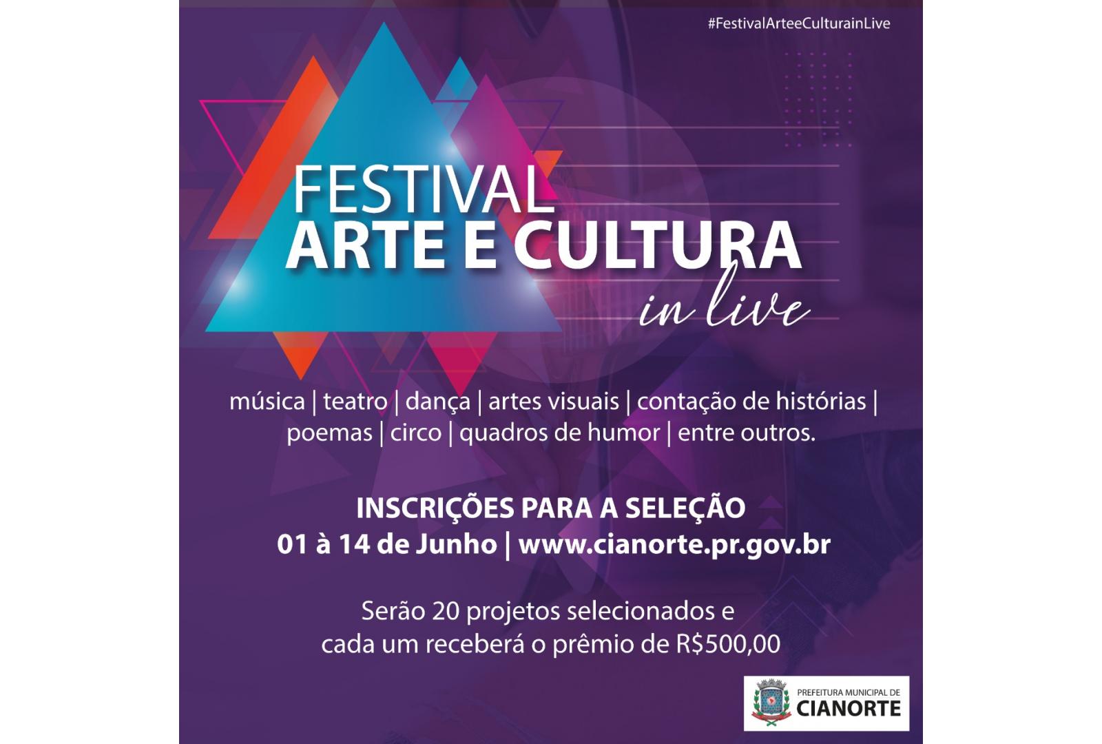 Imagem Inscrições para o Festival Arte e Cultura in-live terminam neste domingo