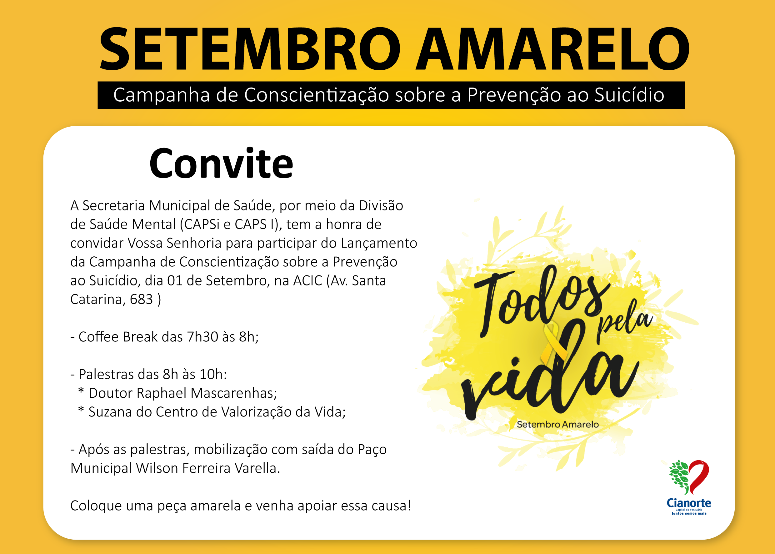Imagem Sexta-feira tem lançamento da Campanha Setembro Amarelo em Cianorte