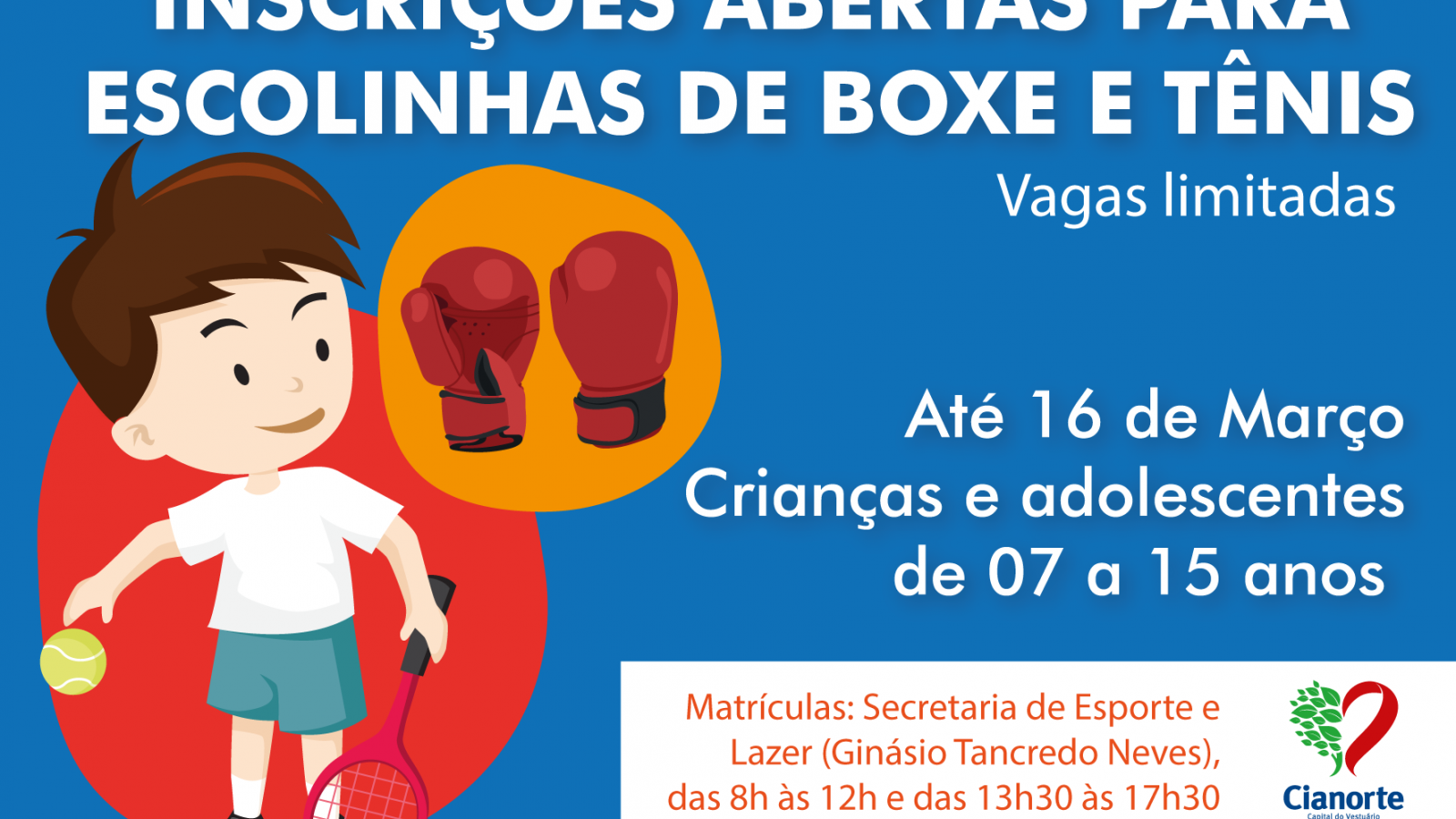 Imagem PREFEITURA ABRE INSCRIÇÕES PARA ESCOLINHAS DE BOXE E TÊNIS