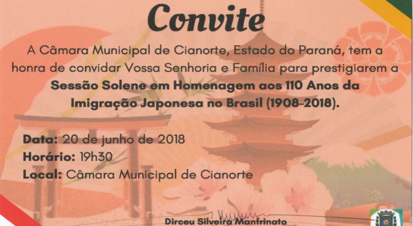 Imagem Câmara de Cianorte realizará homenagem aos 110 anos de imigração japonesa ao Brasil