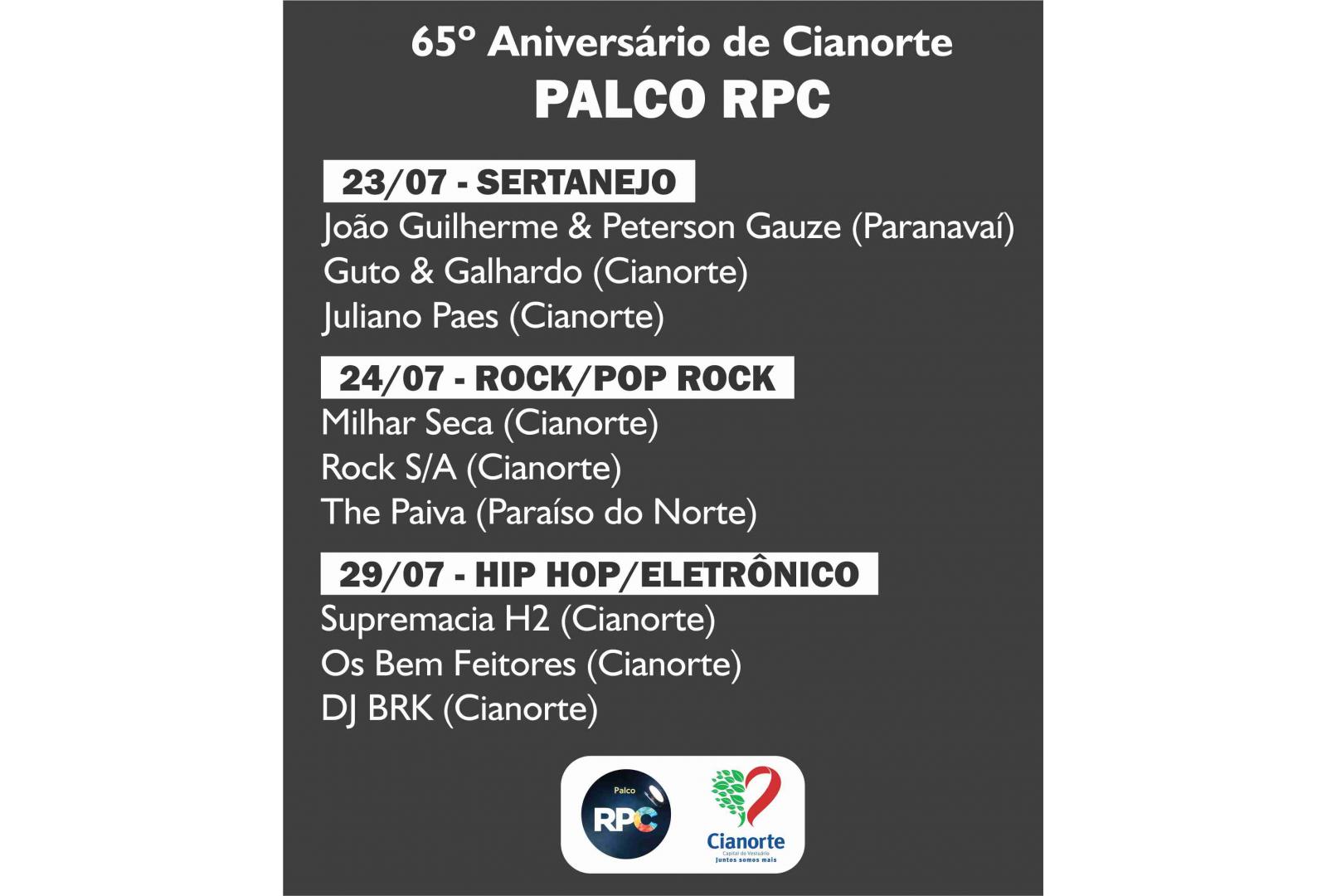 Imagem PALCO RPC DIVULGA MÚSICOS SELECIONADOS PARA O 65º ANIVERSÁRIO DE CIANORTE