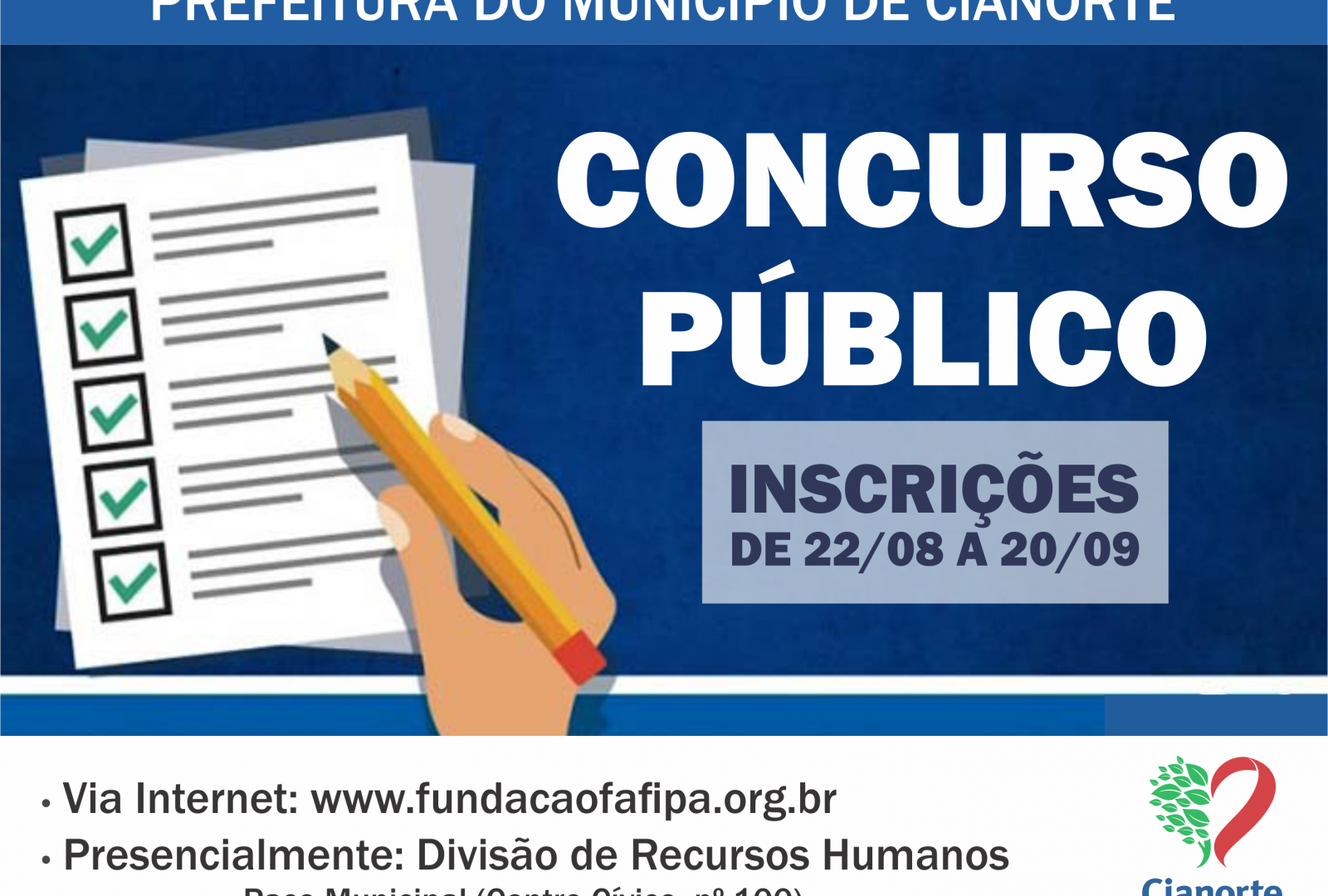 Imagem PERÍODO DE INSCRIÇÃO EM CONCURSOS DA PREFEITURA COMEÇA NA QUARTA-FEIRA