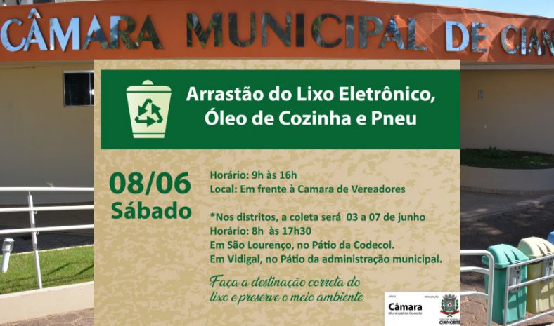 Imagem Lixo eletrônico, óleo de cozinha e pneus serão recolhidos neste sábado em frente à Câmara Municipal de Cianorte