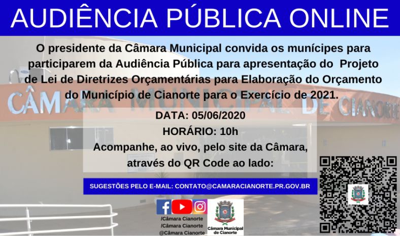 Imagem Câmara de Cianorte promove audiência pública online na sexta-feira