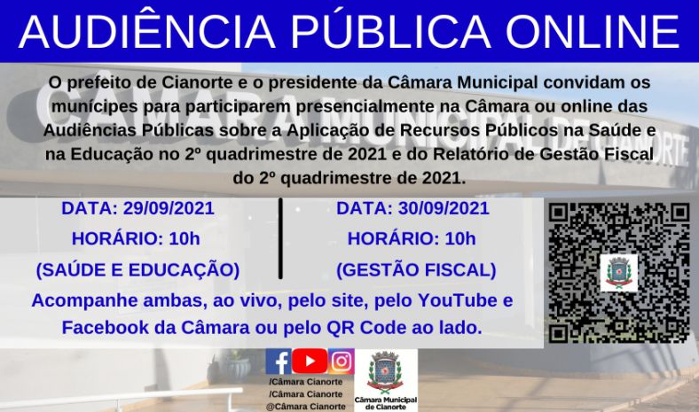 Imagem Câmara de Cianorte promove duas audiências públicas online