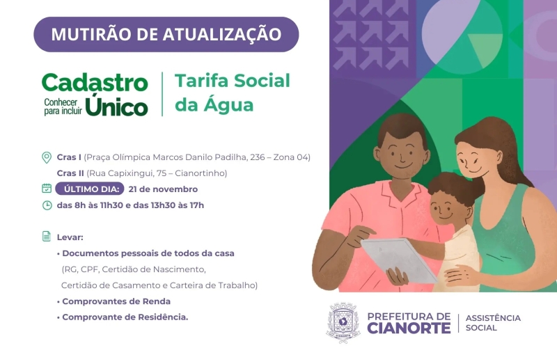 Imagem Mutirão para atualização do Cadastro Único termina nesta quinta em Cianorte