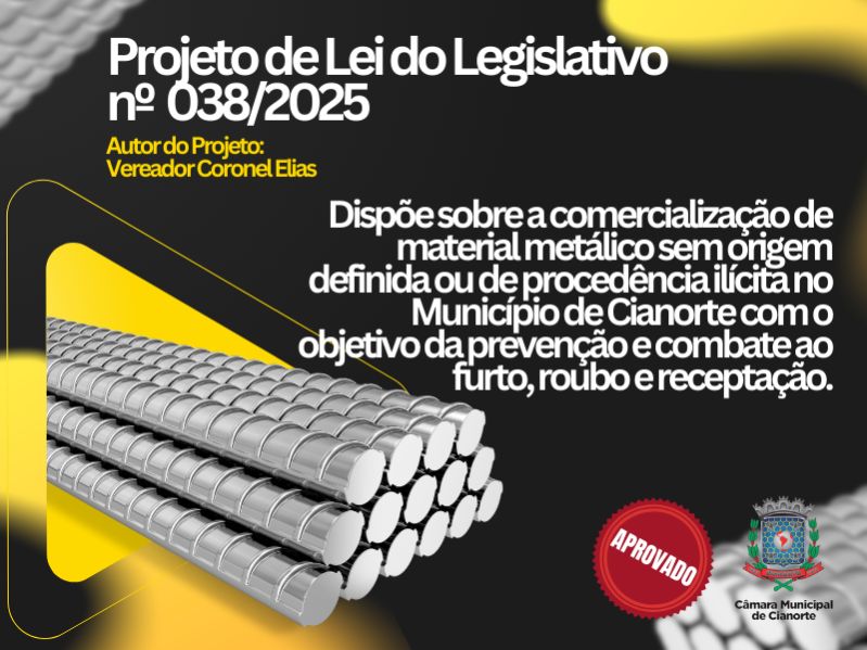 Imagem Projeto visa combater furto, roubo e receptação de materiais metálicos em Cianorte