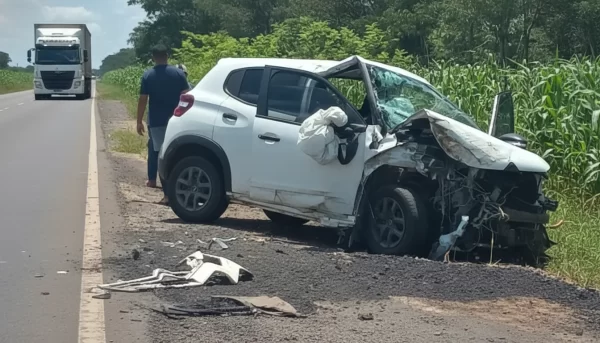Veículo branco com a frente destruída após o grave acidente na BR-376 em Guairaçá, parado às margens da rodovia ao lado de um milharal, com pessoas ao fundo.