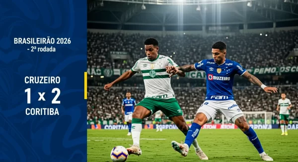 Jogador do Coritiba disputa a bola com defensor do Cruzeiro durante a partida Cruzeiro x Coritiba pelo Brasileirão 2026, com o placar final de 2 a 1 em destaque no Mineirão