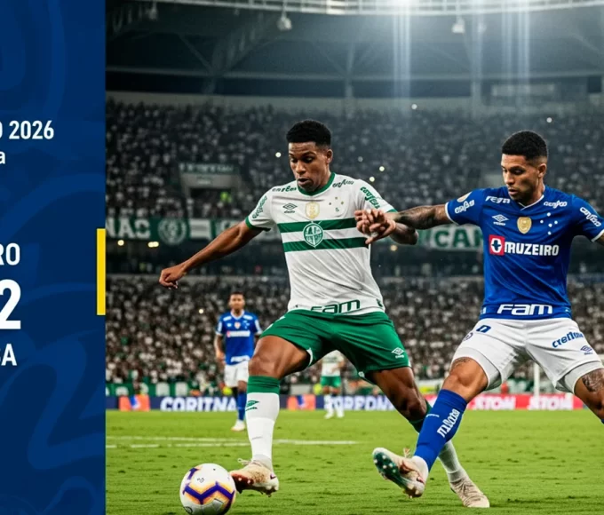 Jogador do Coritiba disputa a bola com defensor do Cruzeiro durante a partida Cruzeiro x Coritiba pelo Brasileirão 2026, com o placar final de 2 a 1 em destaque no Mineirão