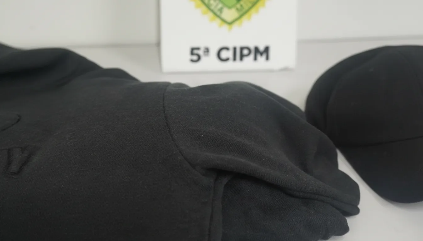 Roupas e boné pretos utilizados pelo suspeito do furto em Cianorte, apresentados na 5ª CIPM (Companhia Independente de Polícia Militar) após o crime