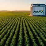 Sede administrativa da Coamo Agroindustrial em Campo Mourão, Paraná, com mapa do estado em destaque.