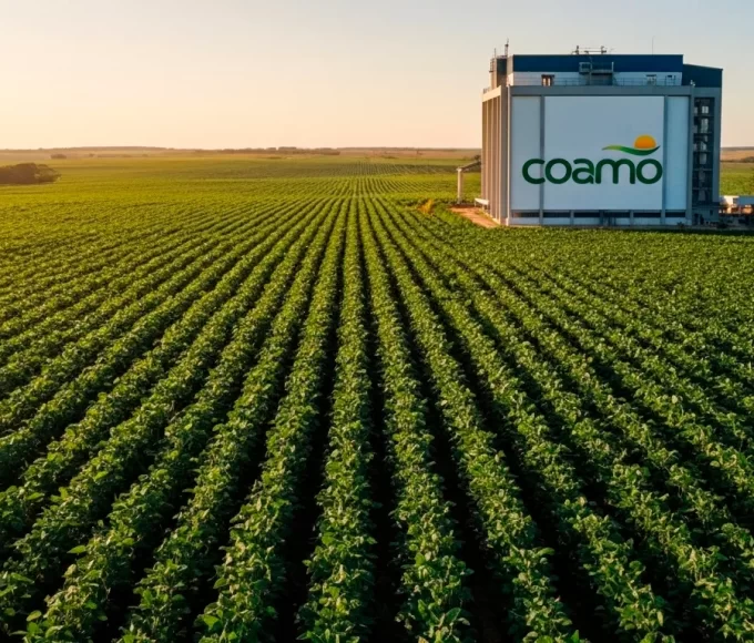 Sede administrativa da Coamo Agroindustrial em Campo Mourão, Paraná, com mapa do estado em destaque.