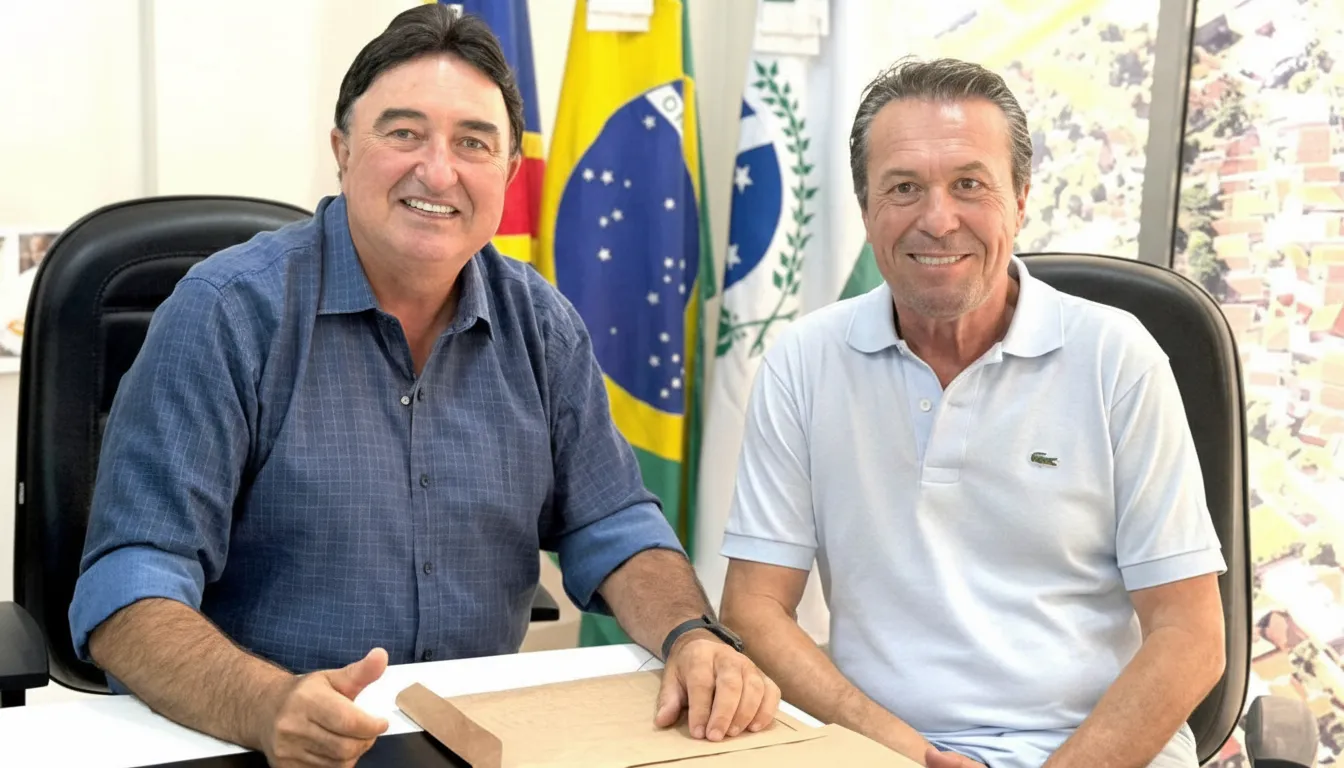 Deputado Márcio Nunes e autoridades durante anúncio de novos investimentos em Rondon na sede da prefeitura