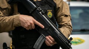 Policial militar consulta o sistema do Conselho Nacional de Justiça durante prisões por mandados de tentativa de homicídio e roubo