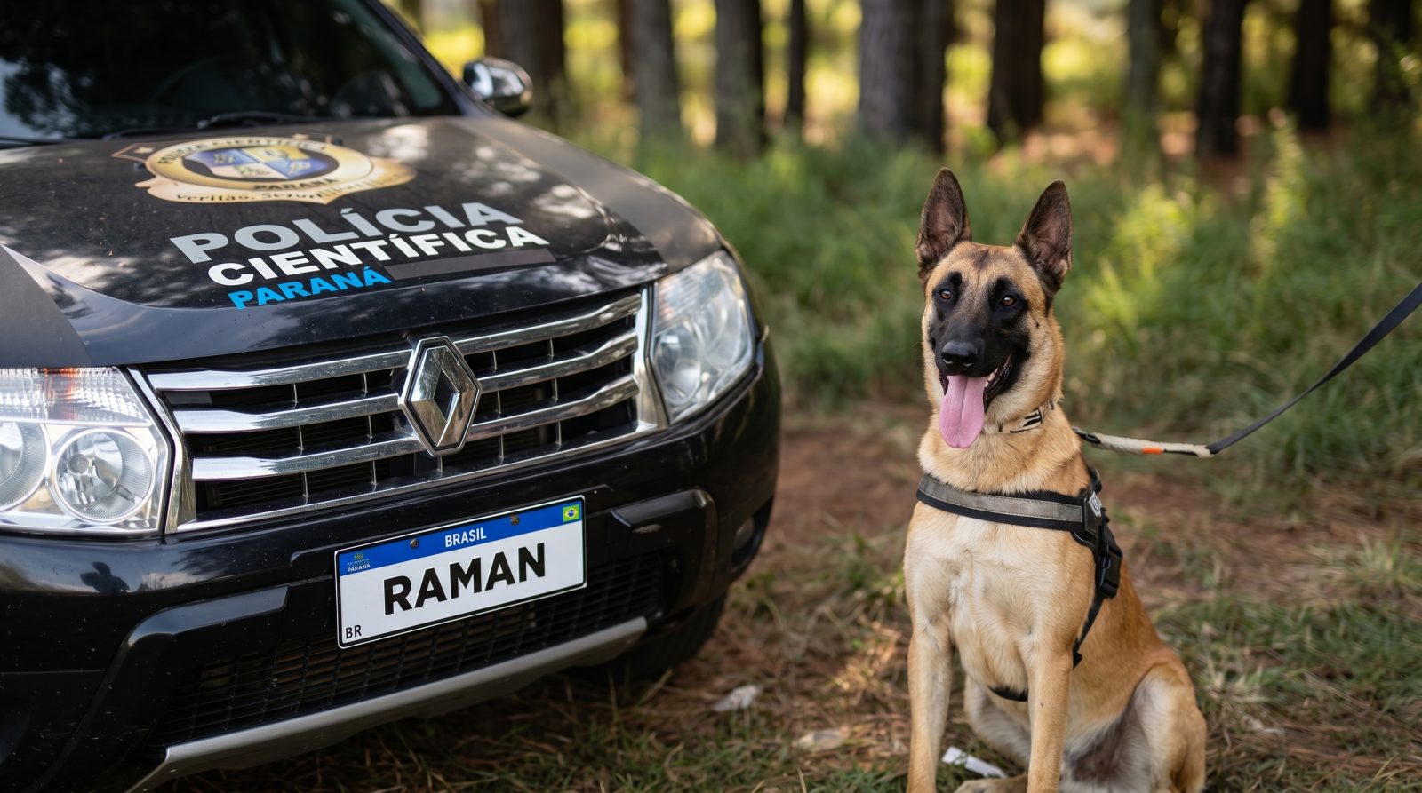 Cão perito Polícia Científica Paraná realizando busca de sangue.