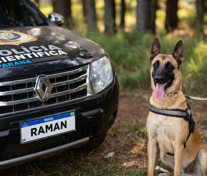 Cão perito Polícia Científica Paraná realizando busca de sangue.