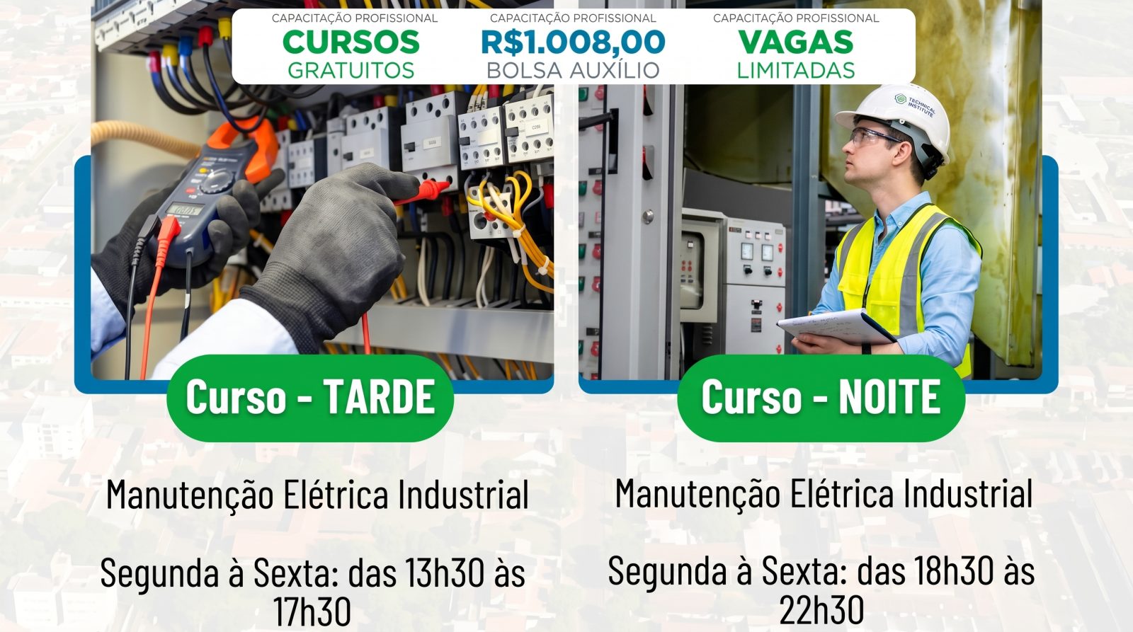 Painel elétrico industrial com ferramentas de manutenção - Curso gratuito em Indianópolis.